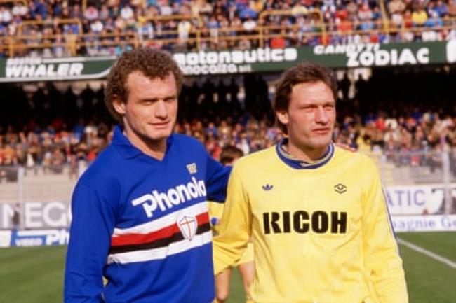 Hans-Peter Briegel (left) during his time at Sampdoria with Preben Elkjær of Hellas Verona, during a match in 1988